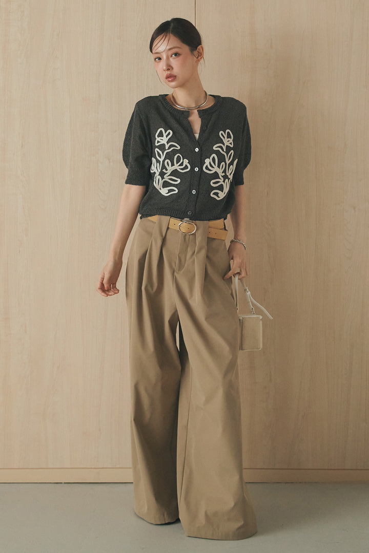[SET]フロントテープデザイン半袖カーディガン+ベルトループデザインハイウエストタックパンツ(2set)