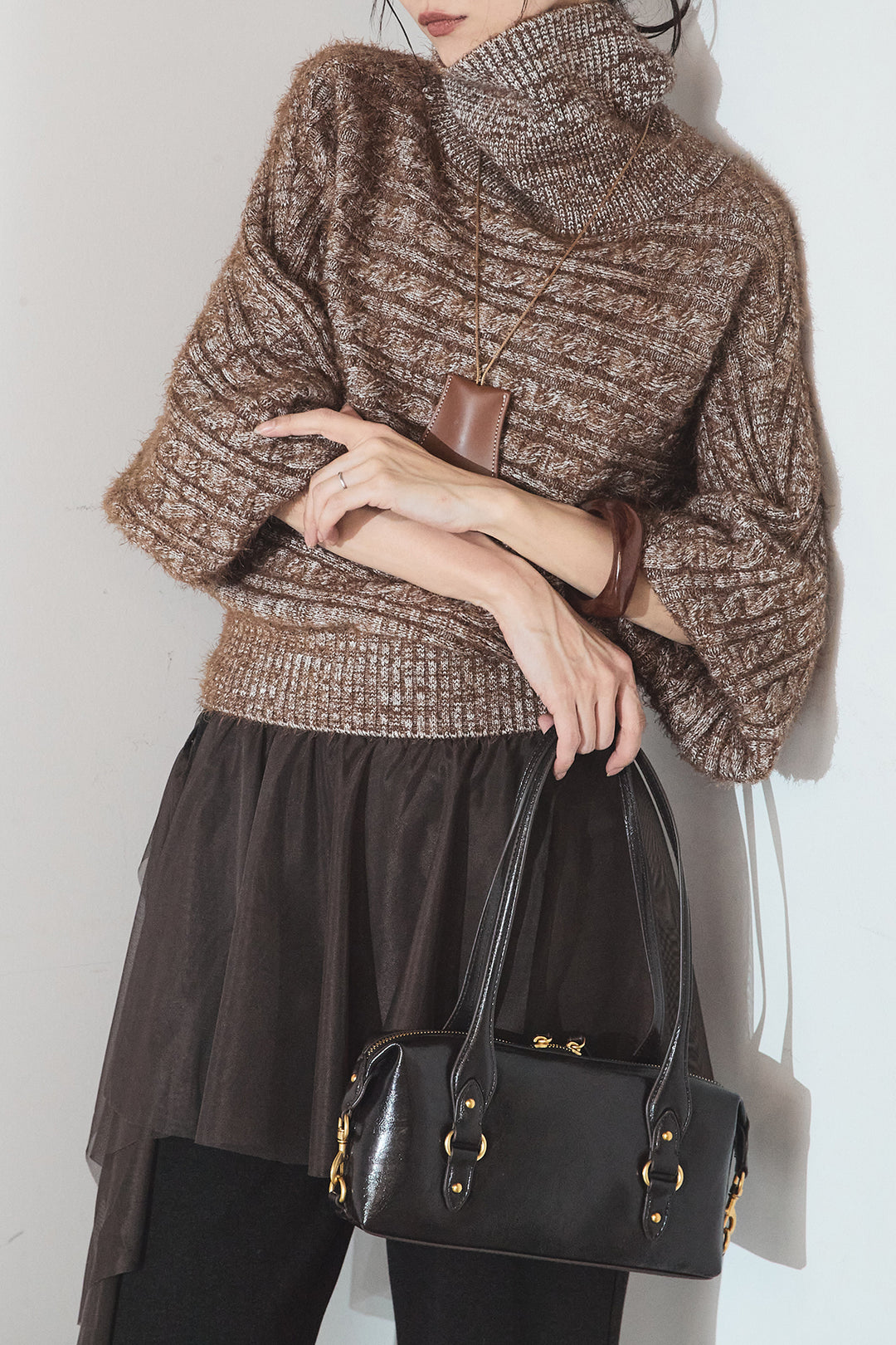 [SET]ミックス編みドルマンニットトップス+チュールレイヤードニットパンツ(2set)