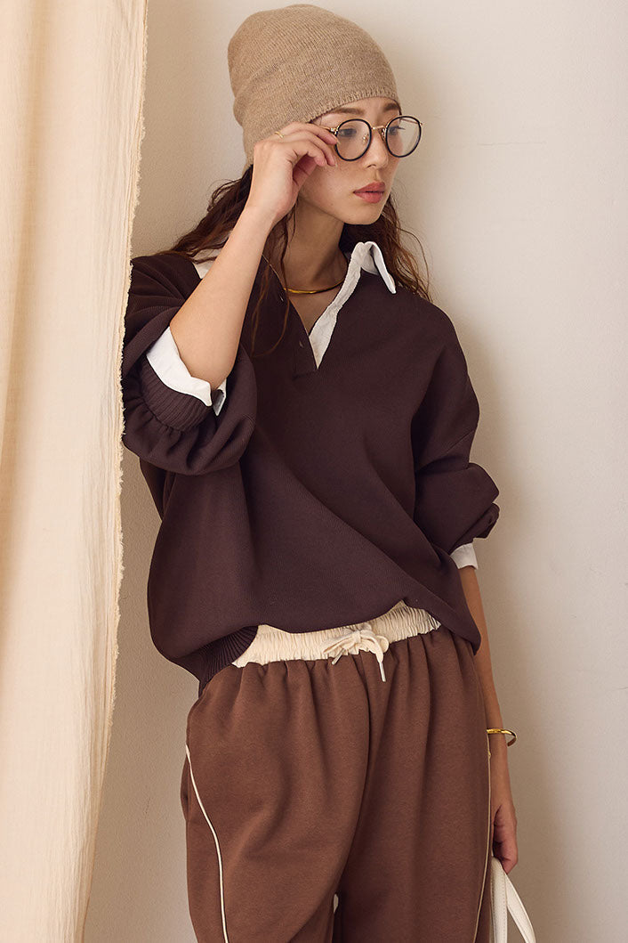 【即納】襟付きポロトップス/ブラウン