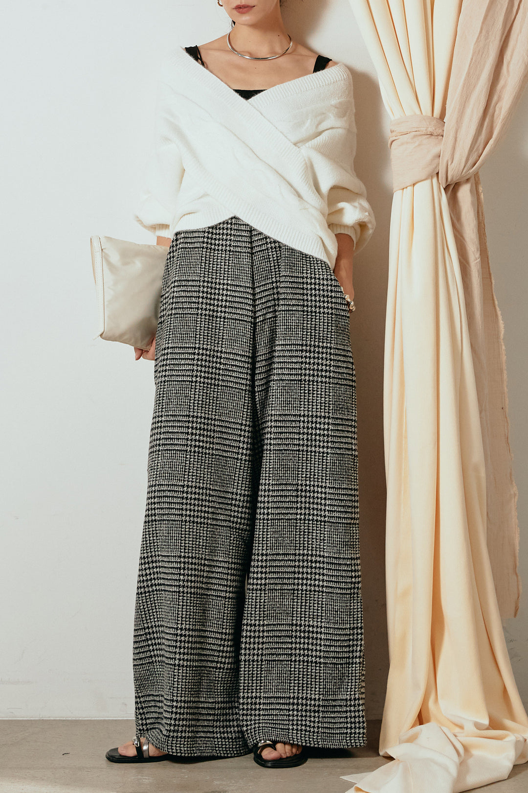 [SET]ケーブルカシュクールニットトップス+前後2wayグレンチェック柄スカーチョサロペット(2set)