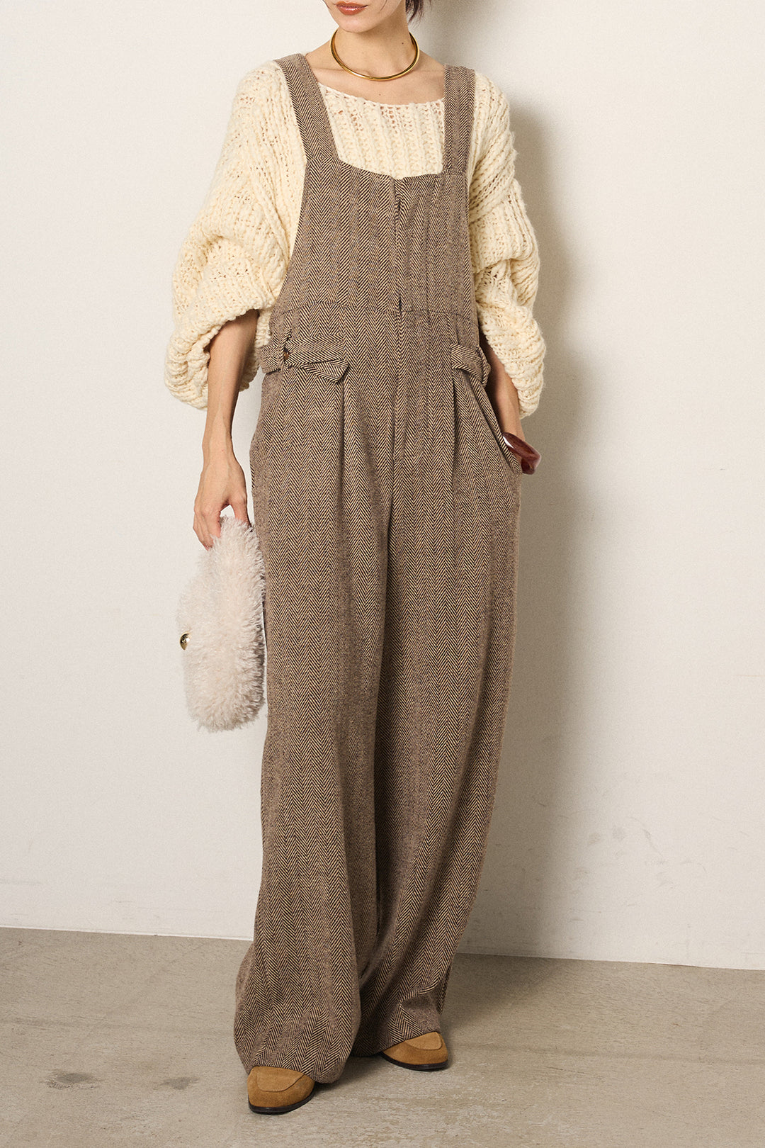 [SET]チャンキースラブニットクロップドプルオーバー+クラシックヘリンボーンサロペット(2set)