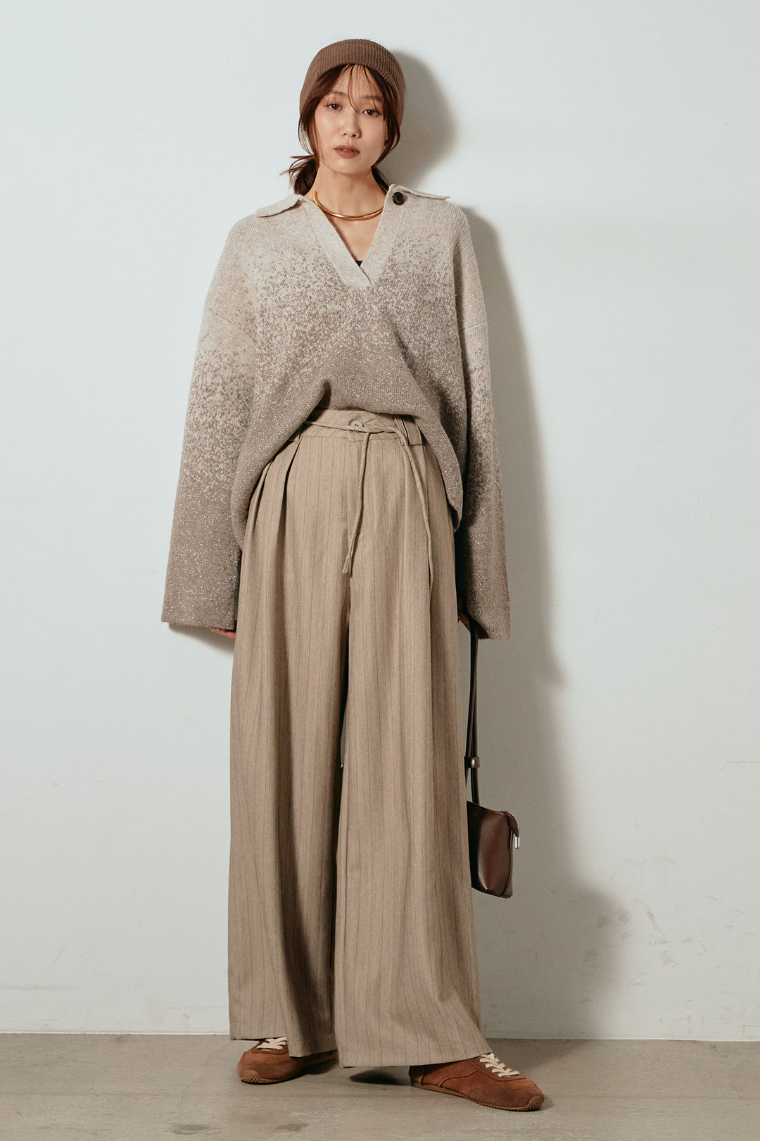 [SET]グラデーションラメニットキーネックプルオーバー+ストライプヘリンボーンパンツ(2set)