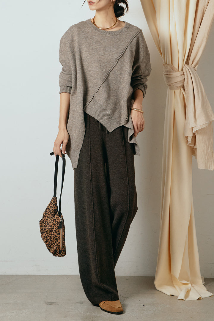 [SET]アシンメトリーデザインニットトップス+センターラインニットパンツ(2set)