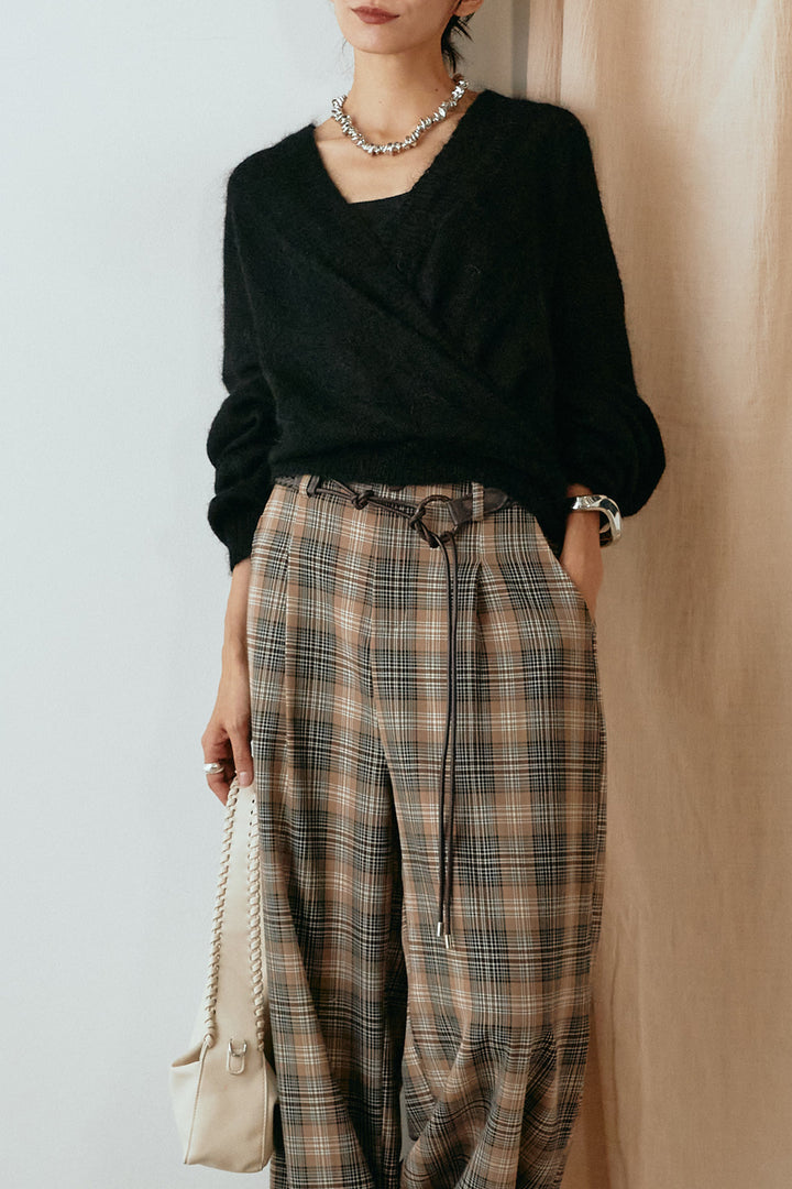 [SET]カシュクールデザインニット+編みベルト付きタータンチェックワイドパンツ(2set)