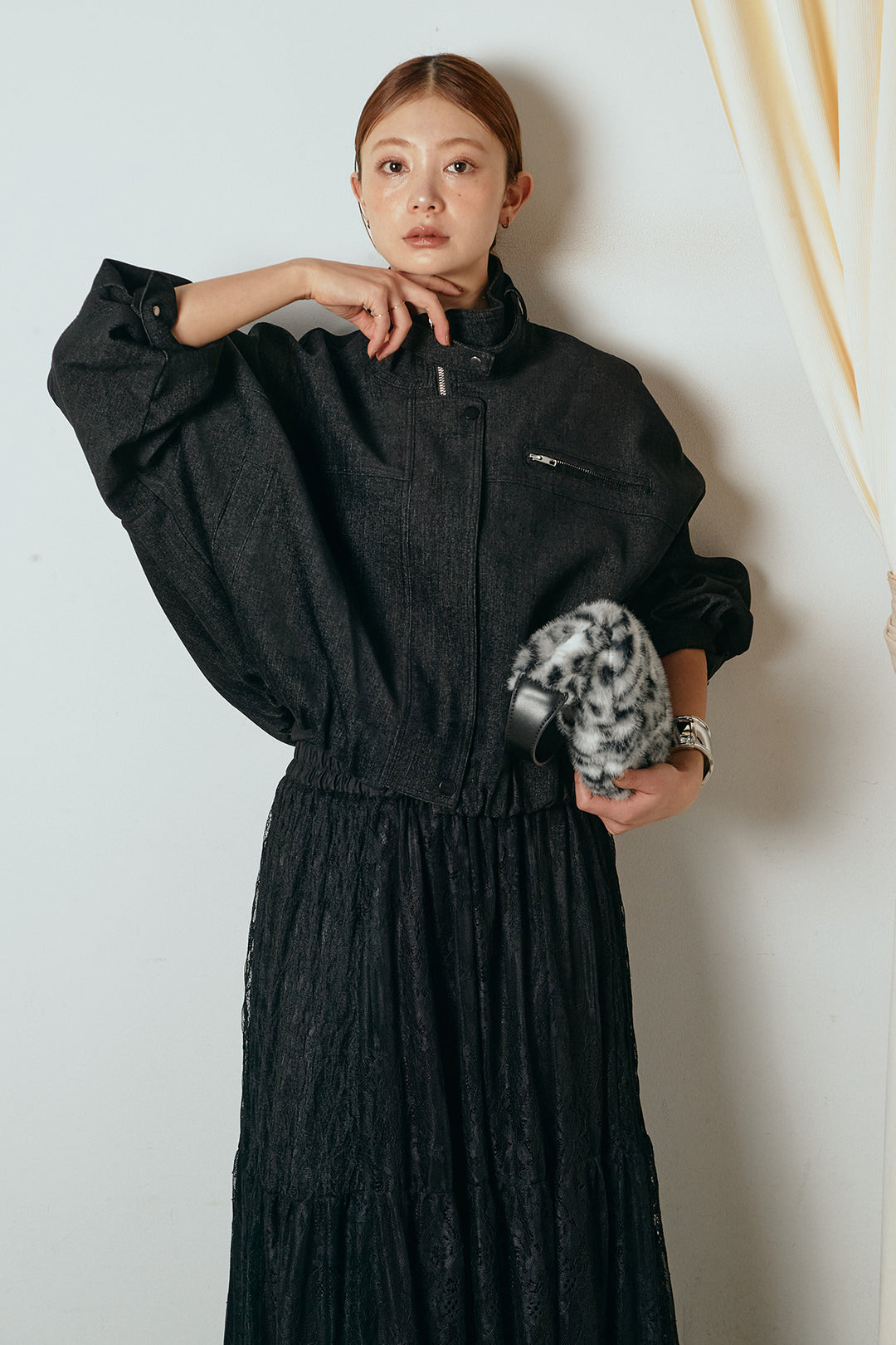 [SET]デニム調ハイネックブルゾン+ひげレース切替ロング丈スカート(2set)