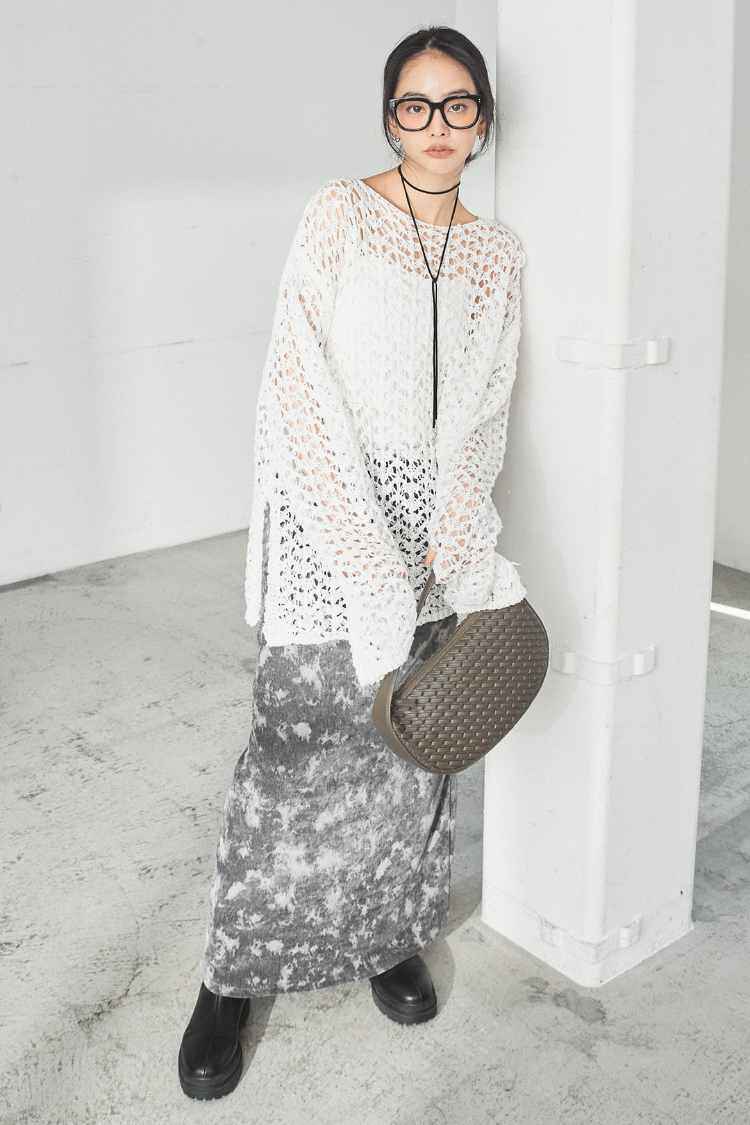 [SET]リラックスメッシュニットトップス+タイダイ柄ベロアワイドスカート(2set)