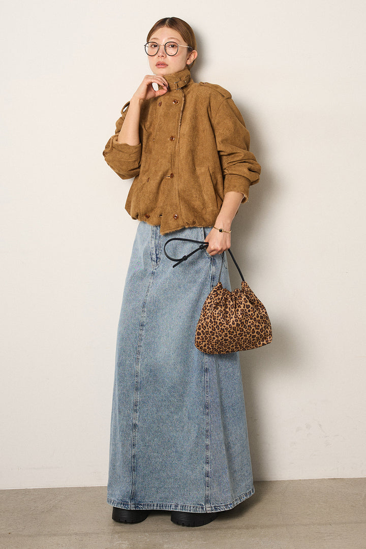[SET]スタンド襟スウェードライクアウター+デニムロングフレアスカート(2set)