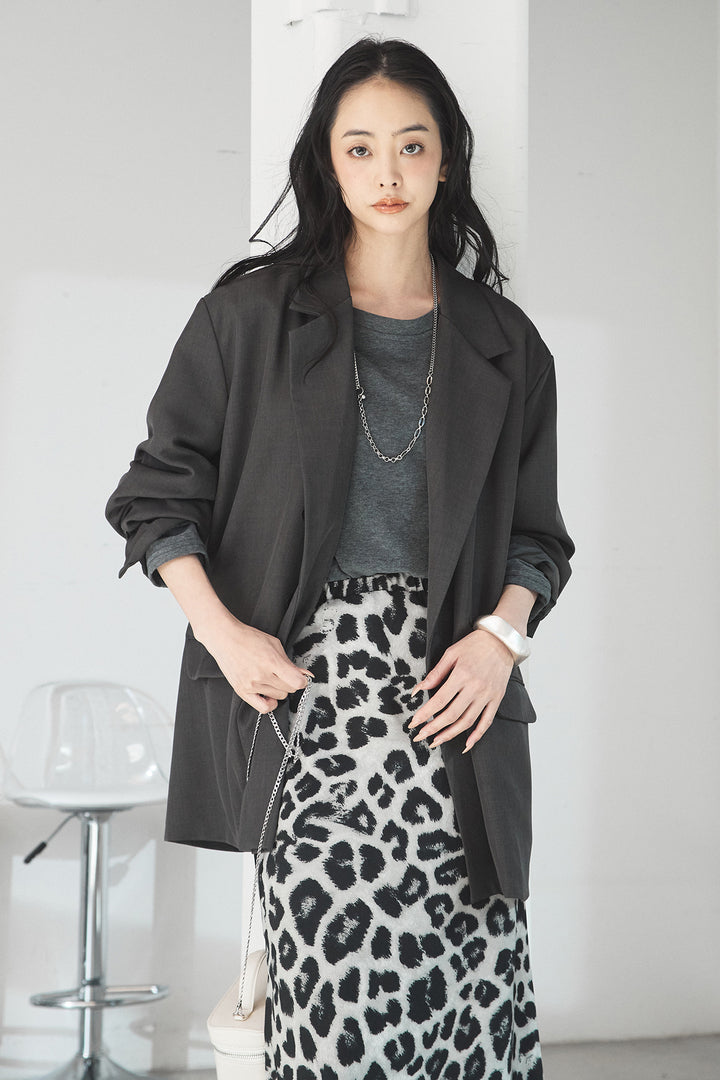 [SET]ルーズシルエットダブルテーラードジャケット+ストレッチロングTシャツ+レオパードサテンナロースカート(3set)