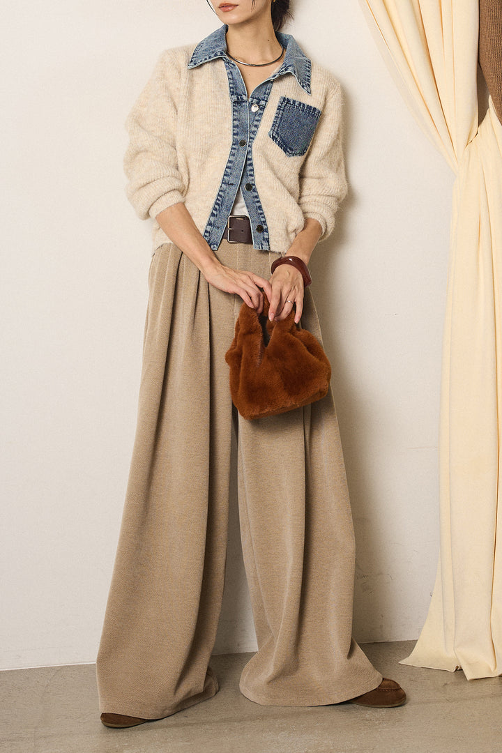[SET]襟付きデニム切替ニットカーディガン+ベルトループコーデュロイワイドパンツ(2set)