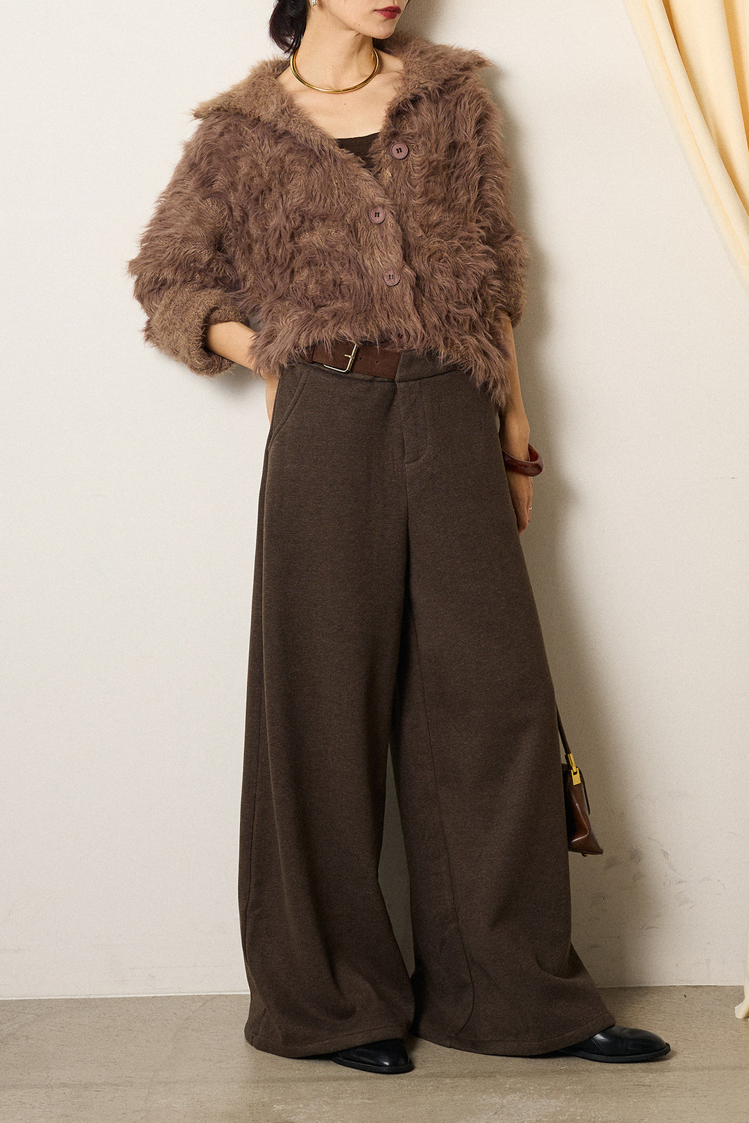 [SET]襟付きシャギーニットカーディガン+サイドベルトパンツ(2set)