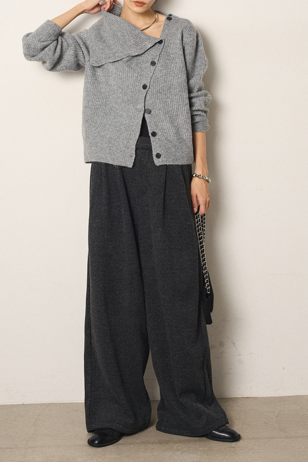 [SET]ボタンデザインネックニットプルオーバー+起毛タック入りツイードワイドパンツ(2set)