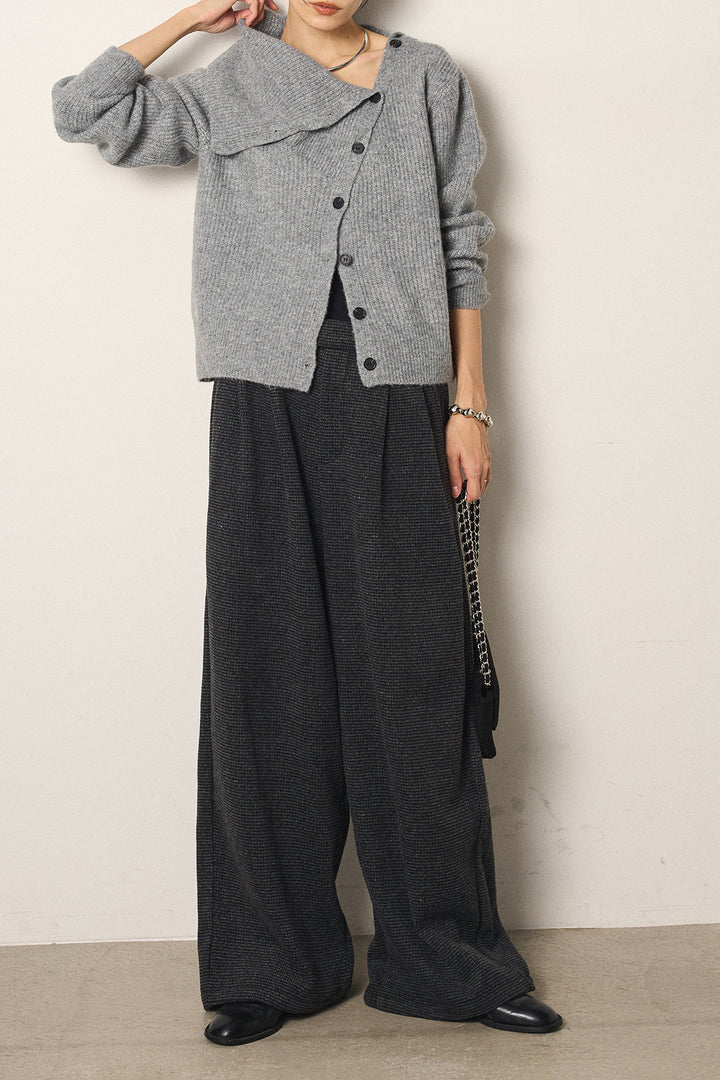 [SET]ボタンデザインネックニットプルオーバー+起毛タック入りツイードワイドパンツ(2set)