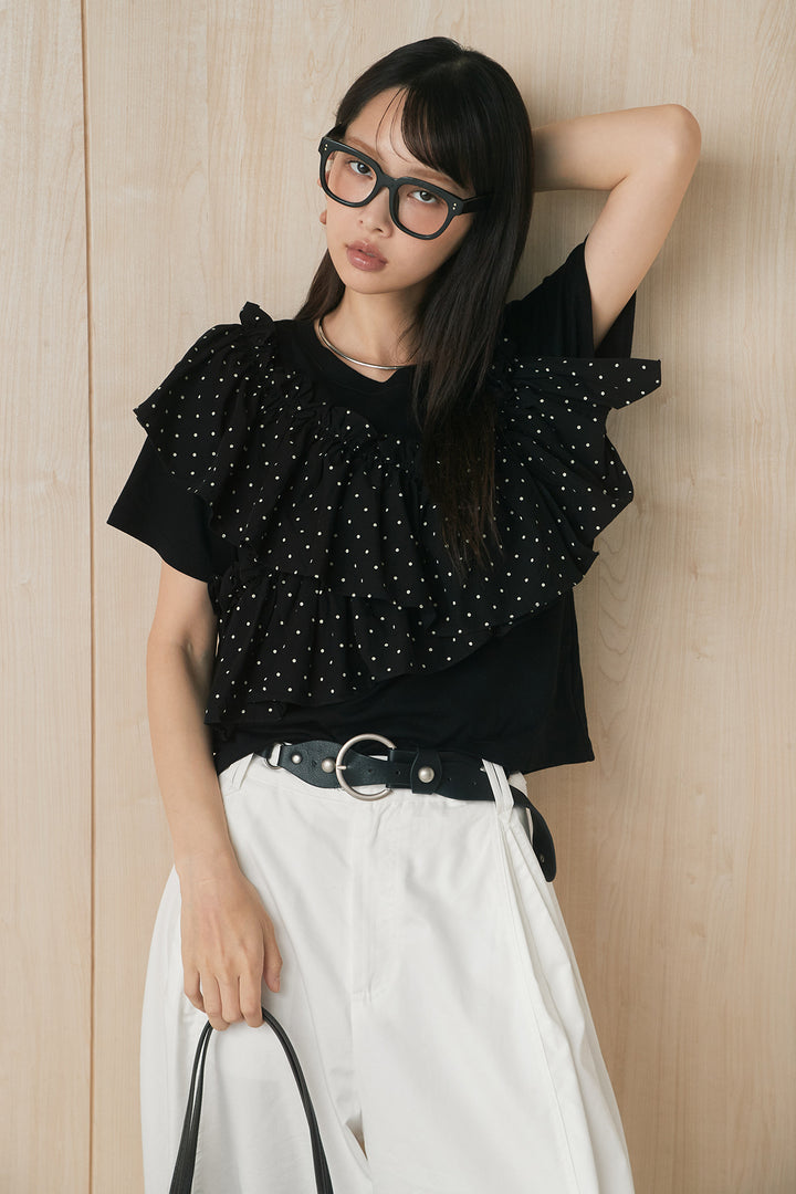 [SET]ドットアシメフリルデザインTシャツ+サークルバックルベルト付きタックワイドパンツ(2set)