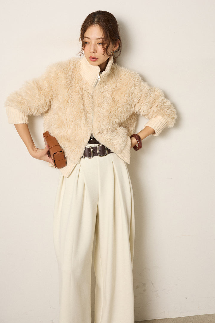 [SET]ハイネックボアブルゾン+フェイクレザー太ベルト付きタックワイドパンツ(2set)