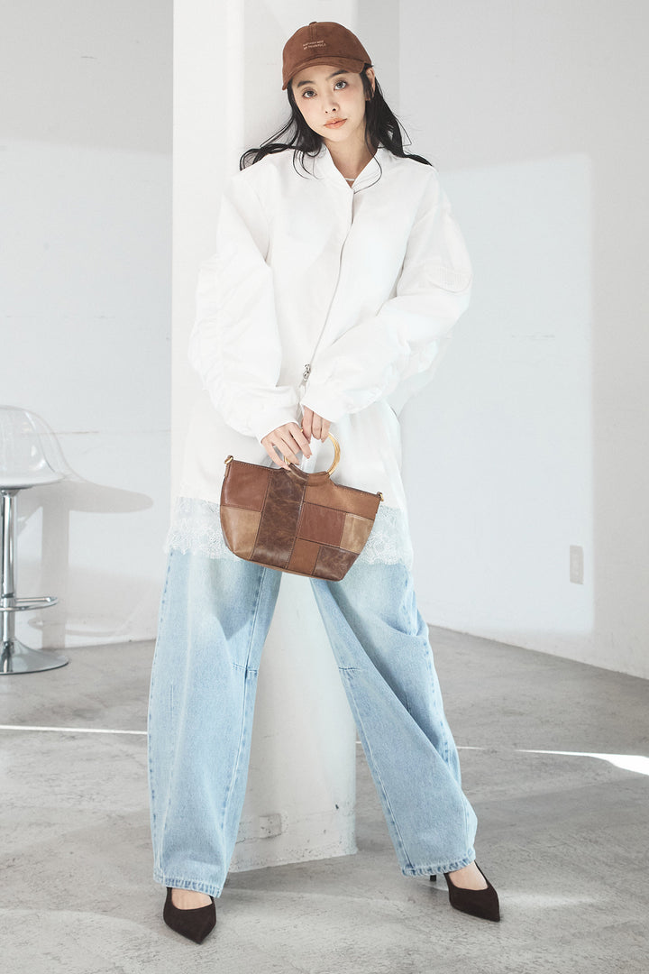 [SET]袖ギャザーデザインブルゾン+レース切り替えキャミソール+デニムアシメカーブパンツ(3set)