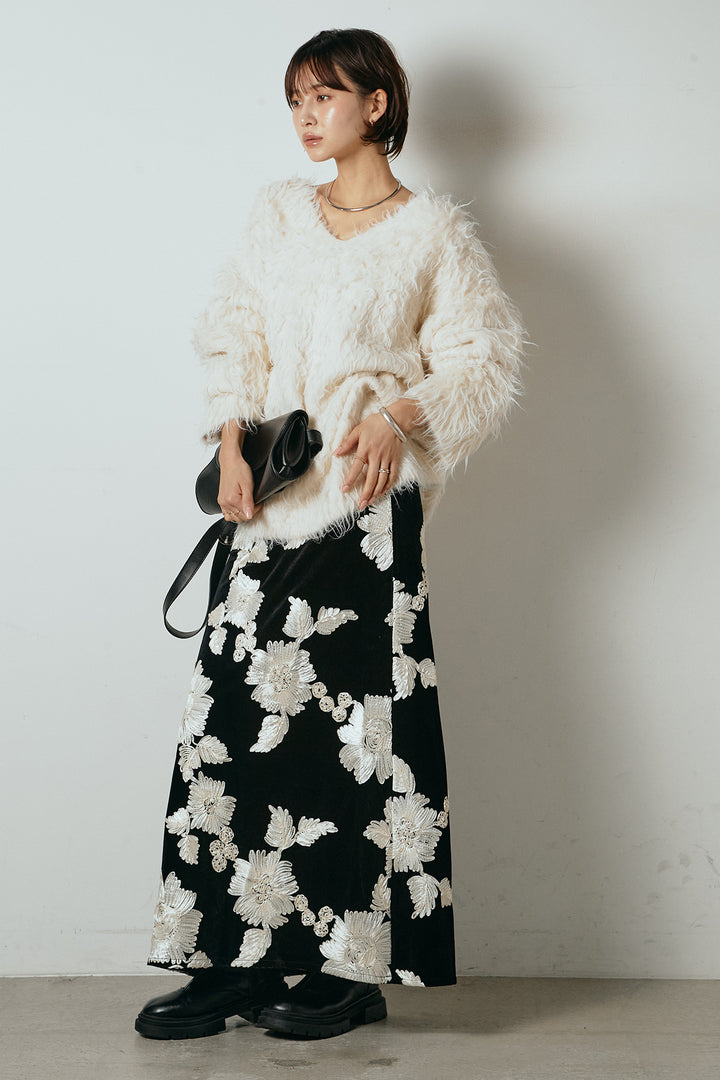 [SET]深Vネックシャギーニットトップス+フラワー刺繍ワイドスカート(2set)