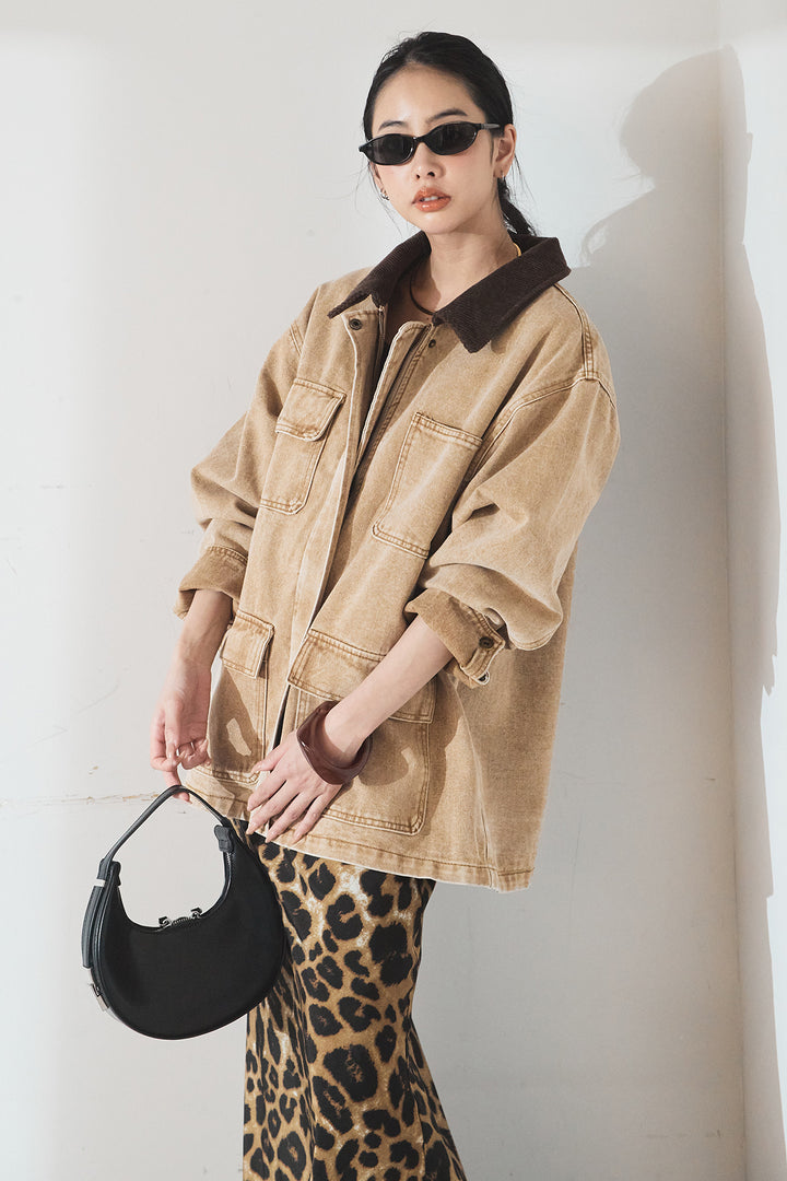 [SET]襟コーデュロイジップデニム調カバーオール+レオパードサテンナロースカート(2set)