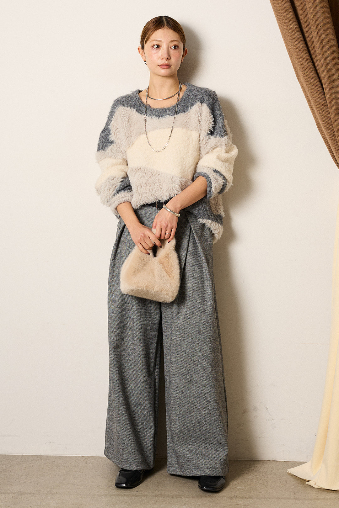 [SET]シャギーウェーブ柄クルーネックニットトップス+細ベルト付き起毛タックワイドパンツ(2set)