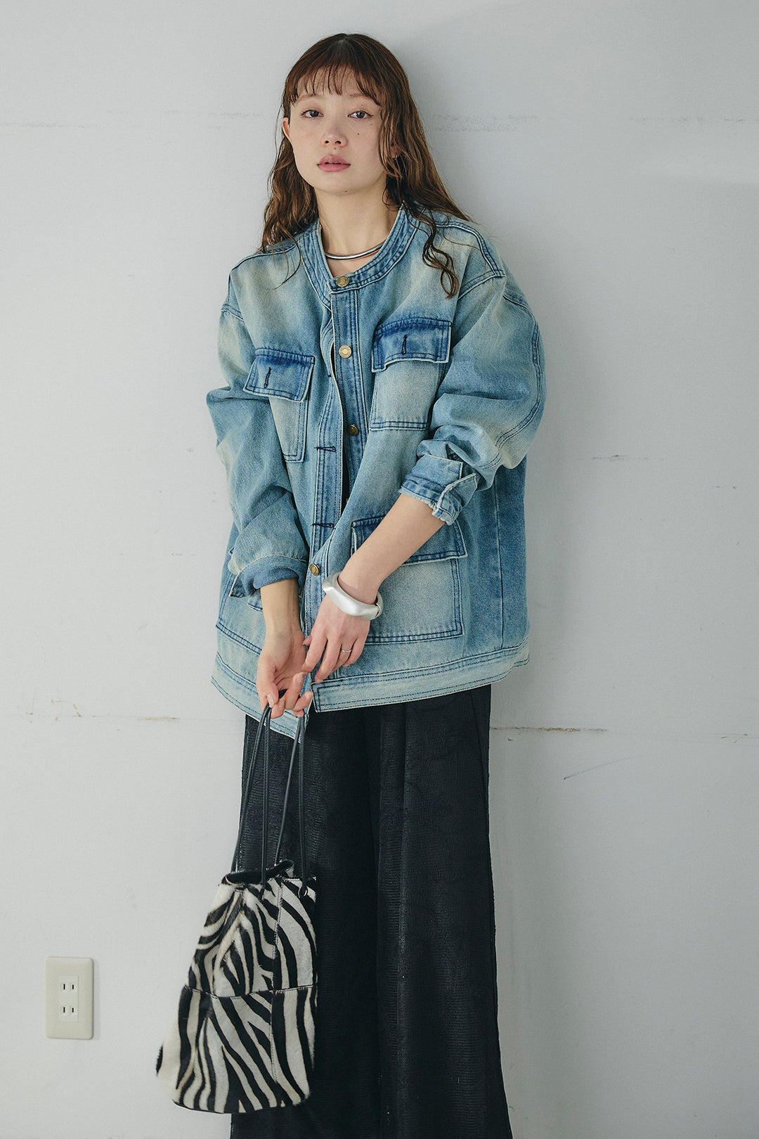 [SET]ノーカラーデニムポケットジャケット+レースサロペット(2set)