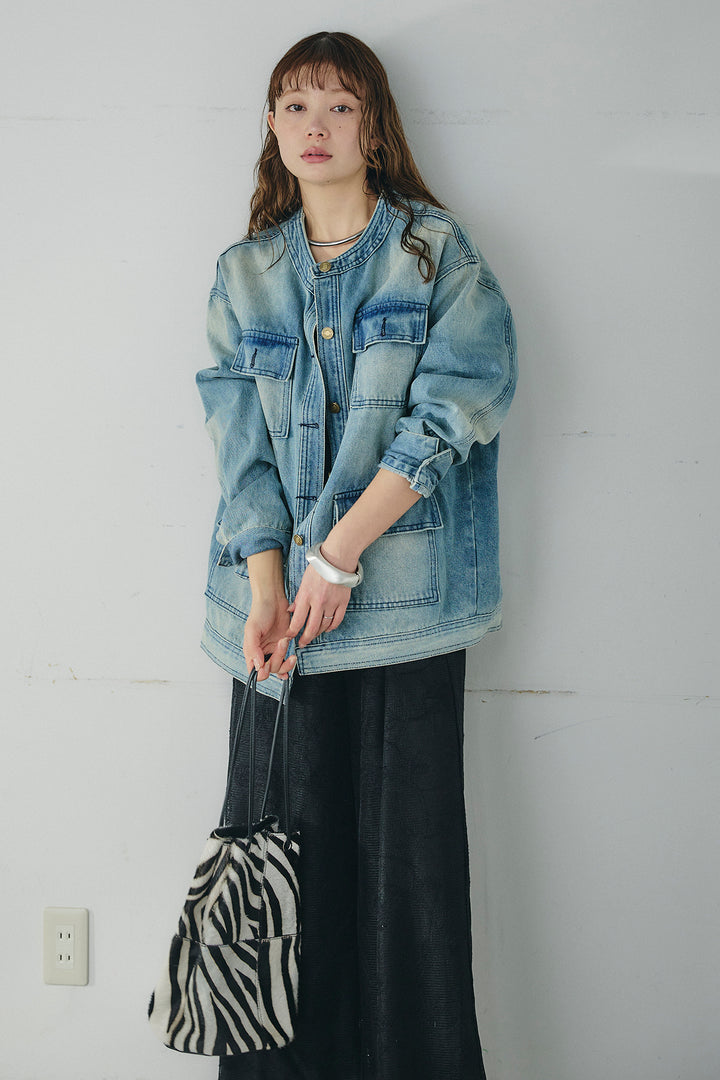 [SET]ノーカラーデニムポケットジャケット+レースサロペット(2set)