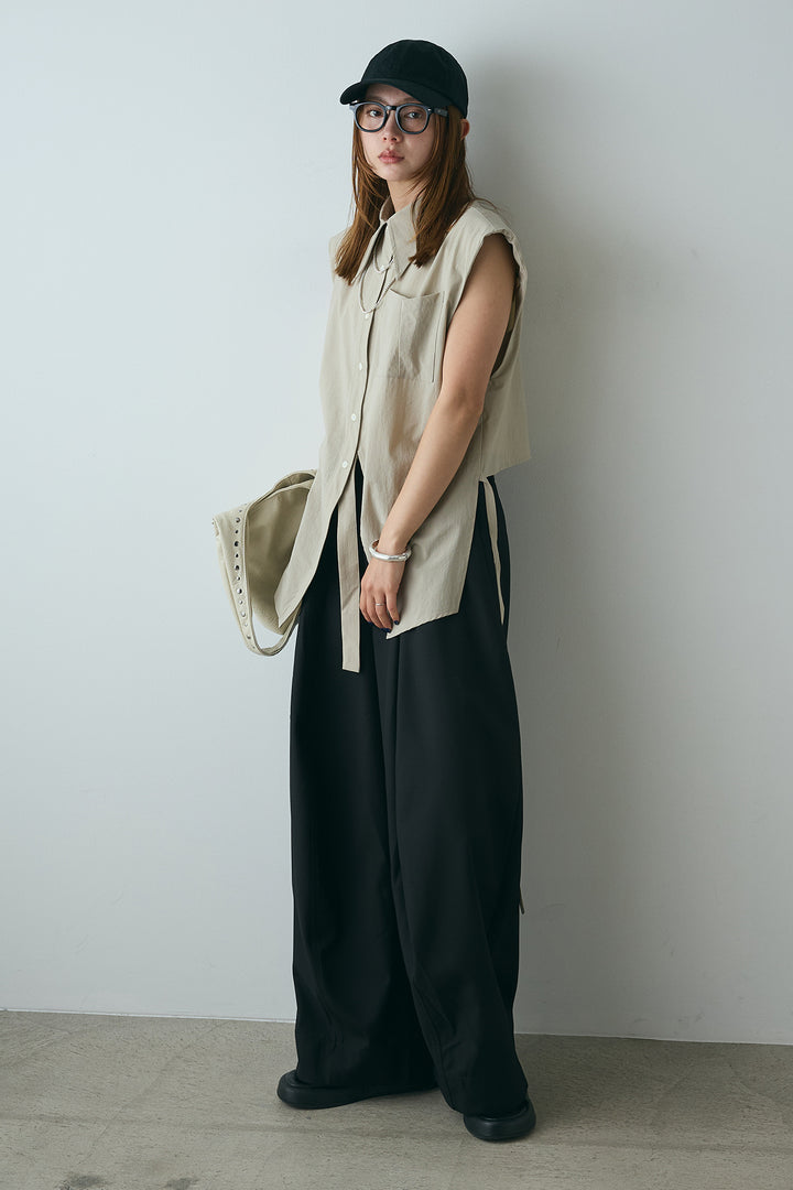[SET]ノースリーブ紐垂らしシャツ+ビッグシルエットワイドパンツ(2set)