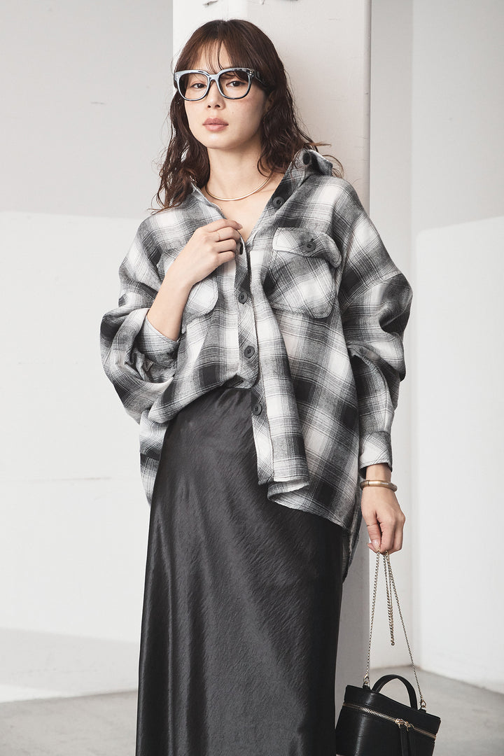 [SET]オンブレーチェックビッグシルエットCPOシャツ+裾レースデザインサテンスカート(2set)