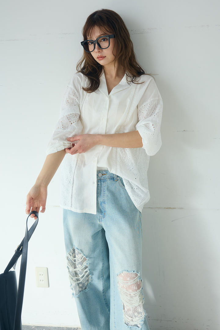 [SET]ローンレースオープンカラーシャツ+デニムレース付きワイドパンツ(2set)