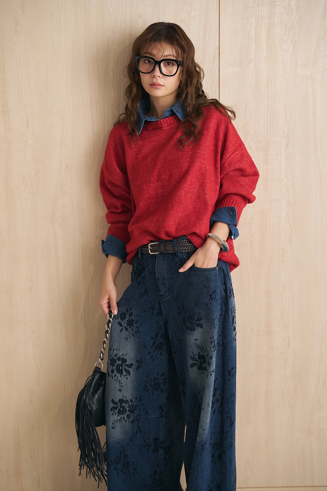 [SET]杢ストレッチデニムドッキングプルオーバー+フラワーモチーフ刺繍カーブデニム(2set)