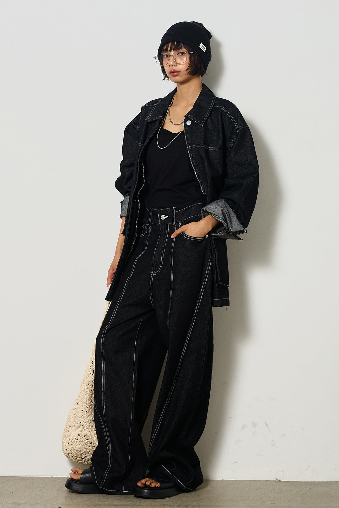 【即納】ステッチデザインデニムジップジャケット