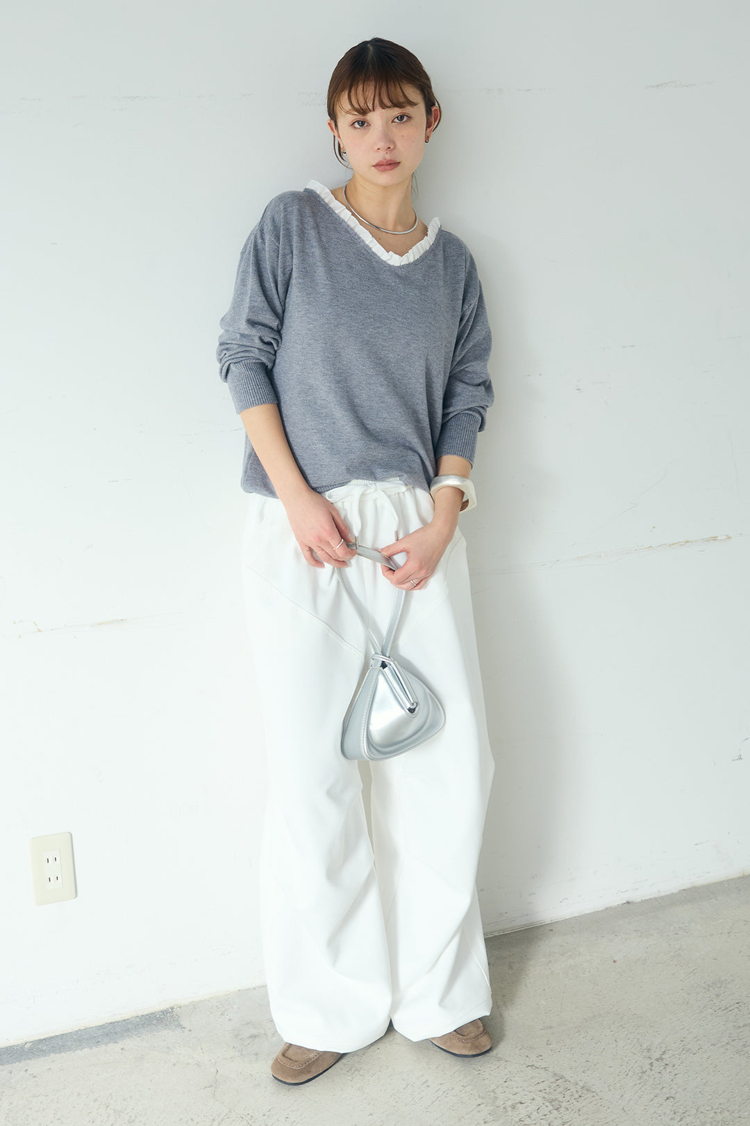 [SET]クールクール異素材コンビオフショルプルオーバー+ランダムタックデザインワイドパンツ(2set)