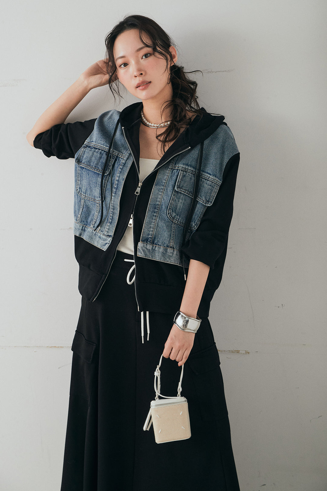 [SET]デニム切替ポンチダブルジップパーカー+リラックススウェットスカート(2set)