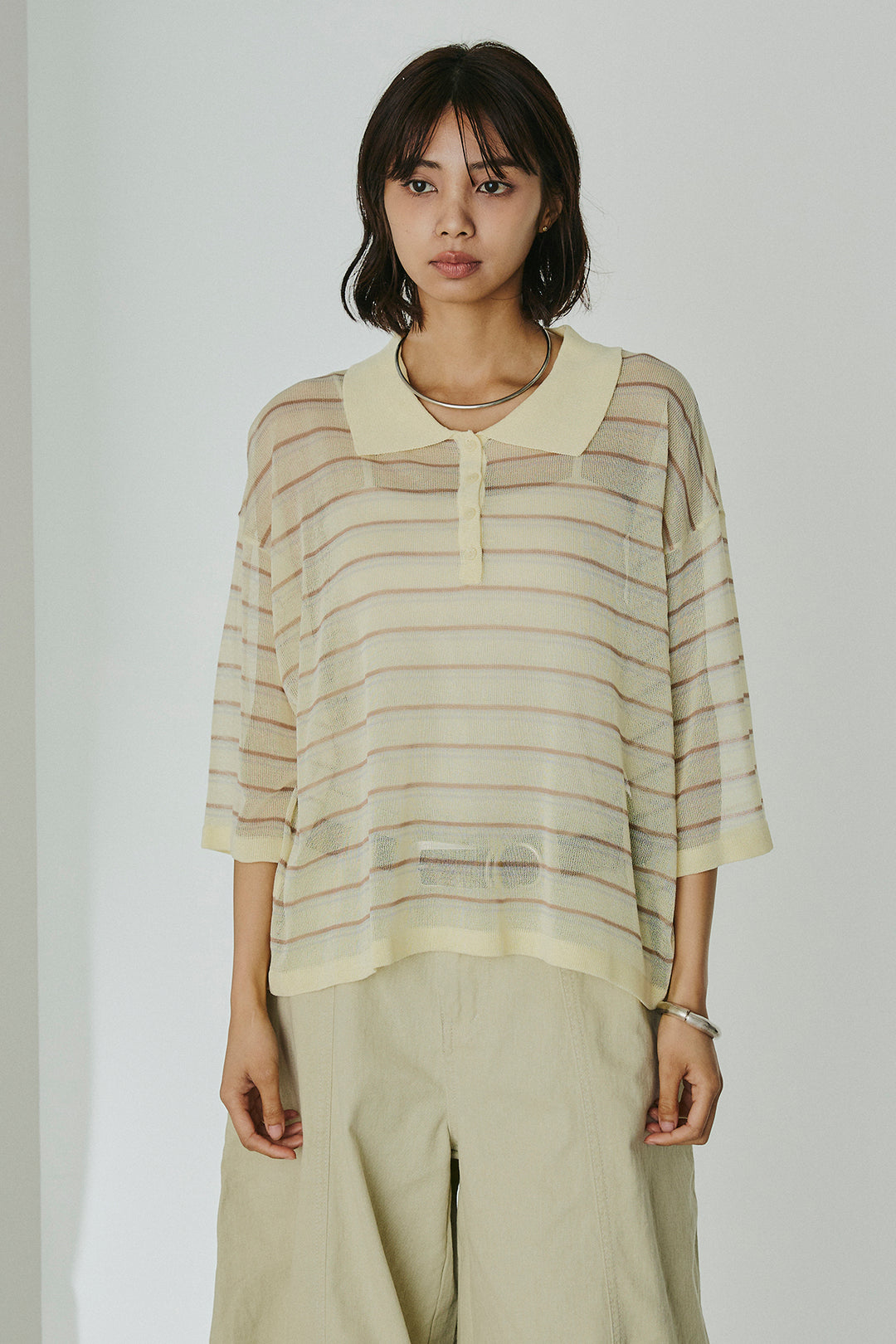 [SET]ボーダーニットポロシャツ+ニーサイドタックウエストドロスパンツ(2set)