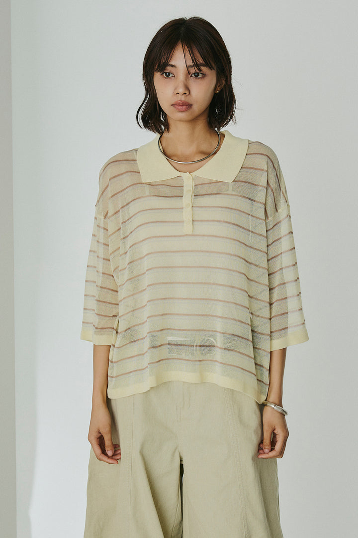 [SET]ボーダーニットポロシャツ+ニーサイドタックウエストドロスパンツ(2set)