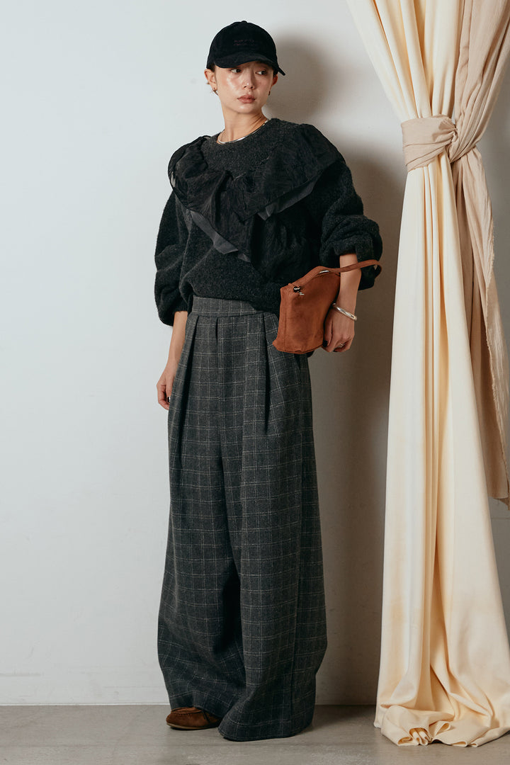 [SET]アシンメトリーフリルニットトップス+ウールライクチェックタックパンツ(2set)