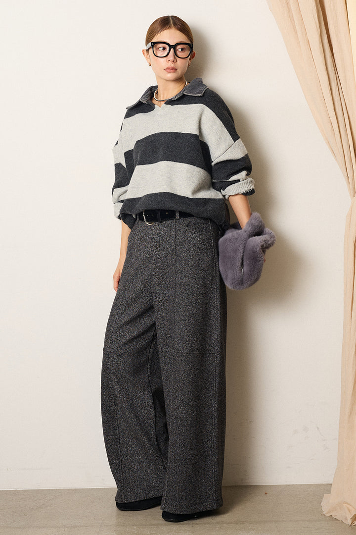 [SET]デニムカラーボーダールーズニット+太ベルト付きツイードワイドパンツ(2set)