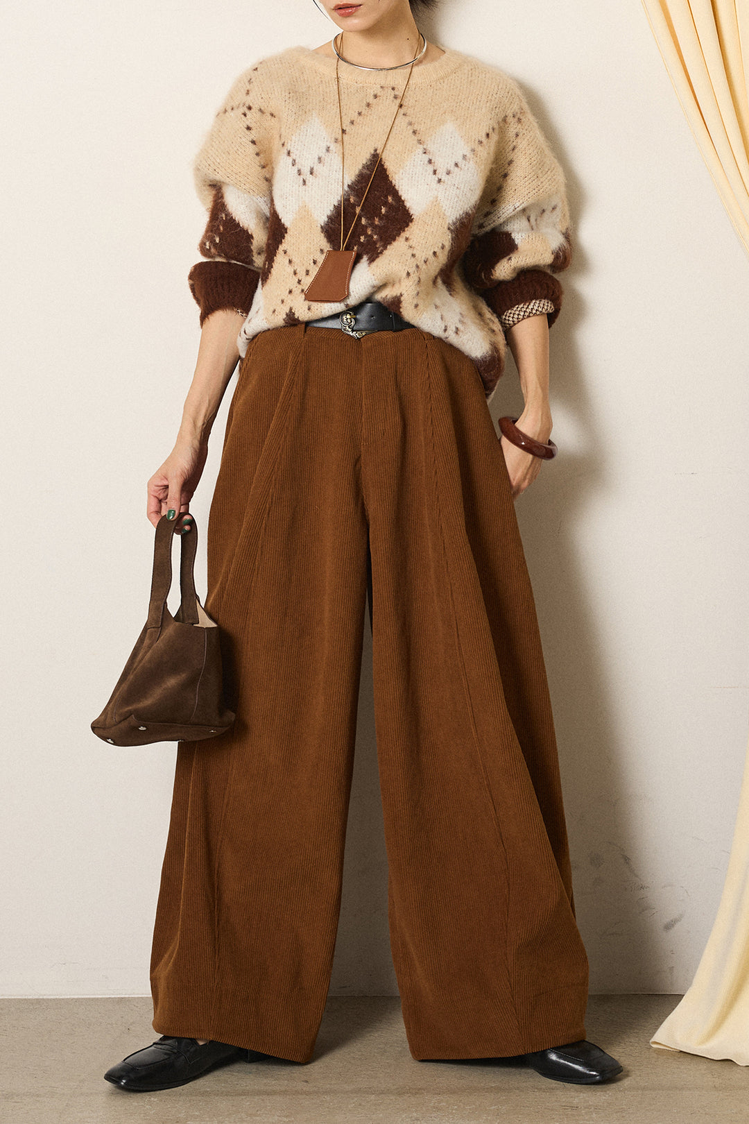 [SET]配色アーガイル柄ニットトップス+ベルト付きコーデュロイワイドパンツ(2set)