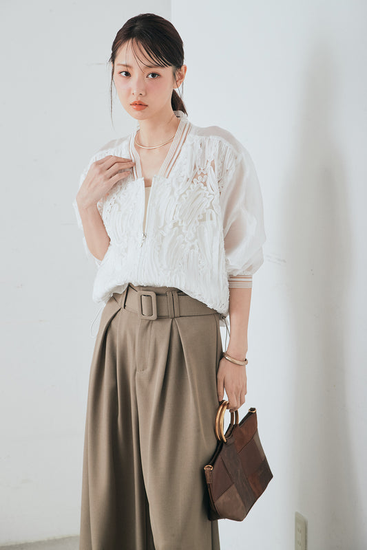 【着回しセット】[SET]モチーフ付きシアーブルゾン+ベルト付きツータックワイドパンツ+モチーフ付きシアーブルゾン(3set)