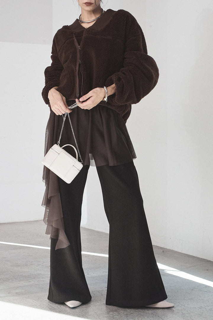 [SET]ノーカラーリブボアアウター+チュールレイヤードニットパンツ(2set)