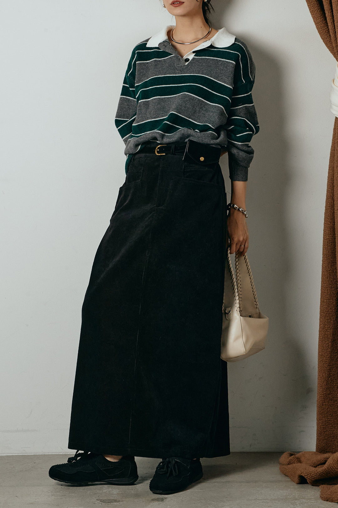 [SET]ラガーニットボーダーポロプルオーバー+ポーチベルト付きコーデュロイワイドスカート(2set)