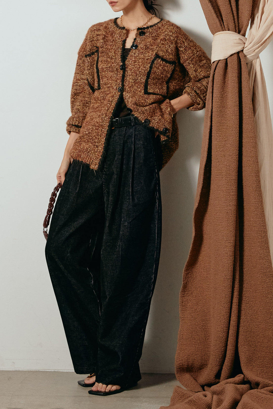 [SET]ミックスニットポケットカーディガン+フロントタック入りコーデュロイパンツ(2set)