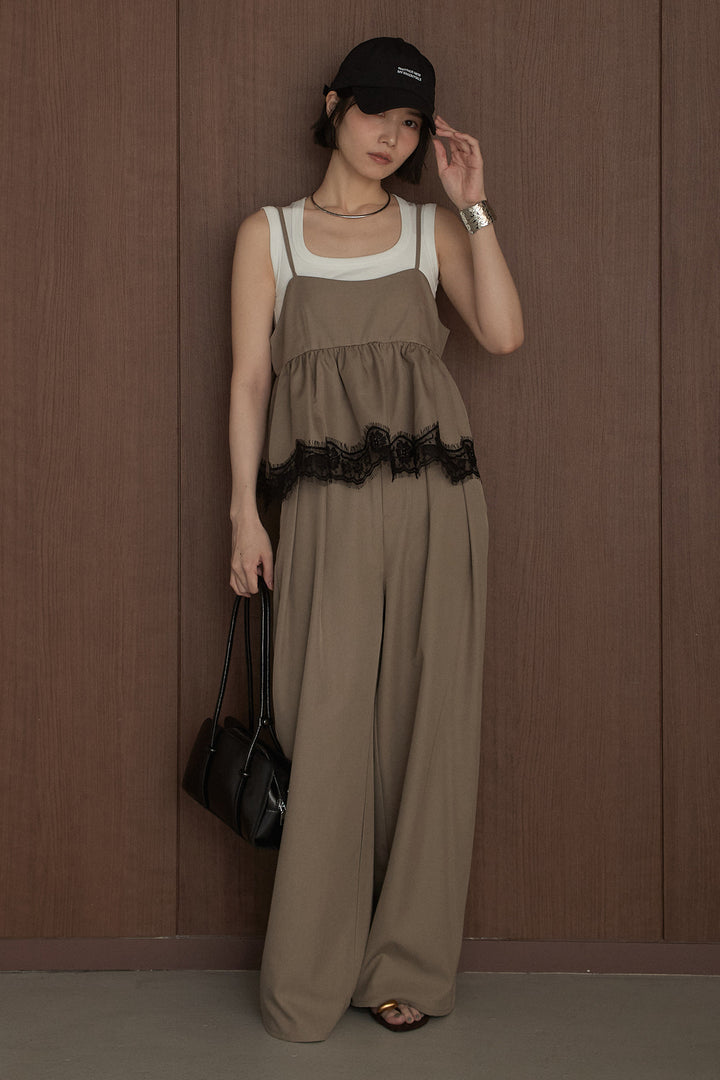 [SET]裾レースペプラムキャミソールビスチェ+パット付きワイドショルダータンク+2タックロングワイドパンツ(3set)