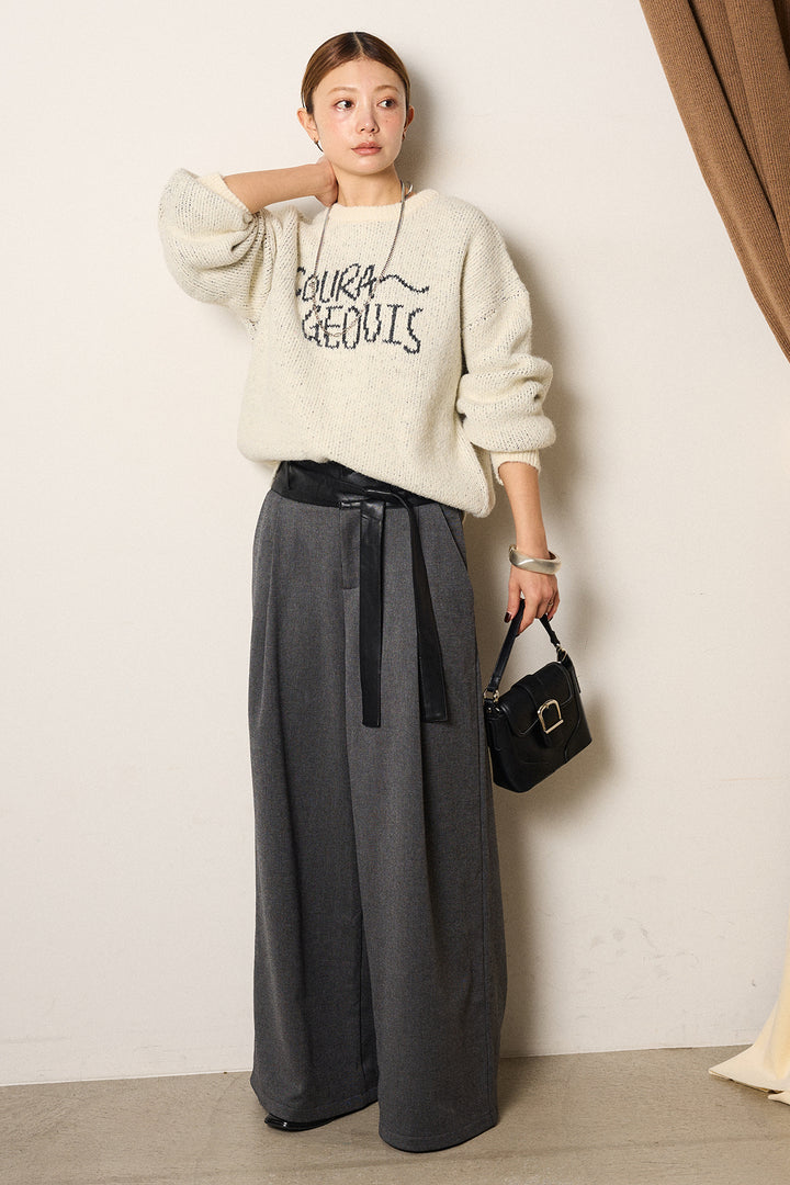 [SET]ロゴシャギーニットプルオーバー+巻ベルトウエストレザーライクワイドパンツ(2set)