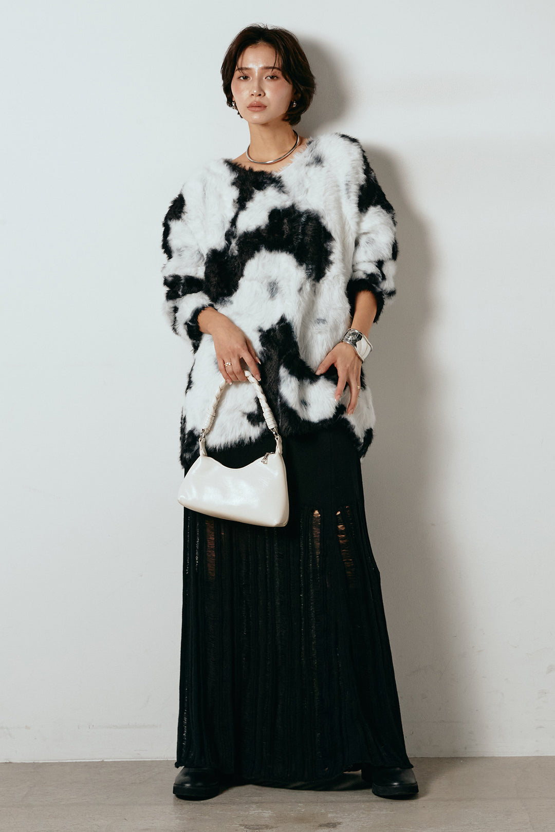 [SET]タイダイ柄シャギーニットトップス+裾シアーリブスカート(2set)