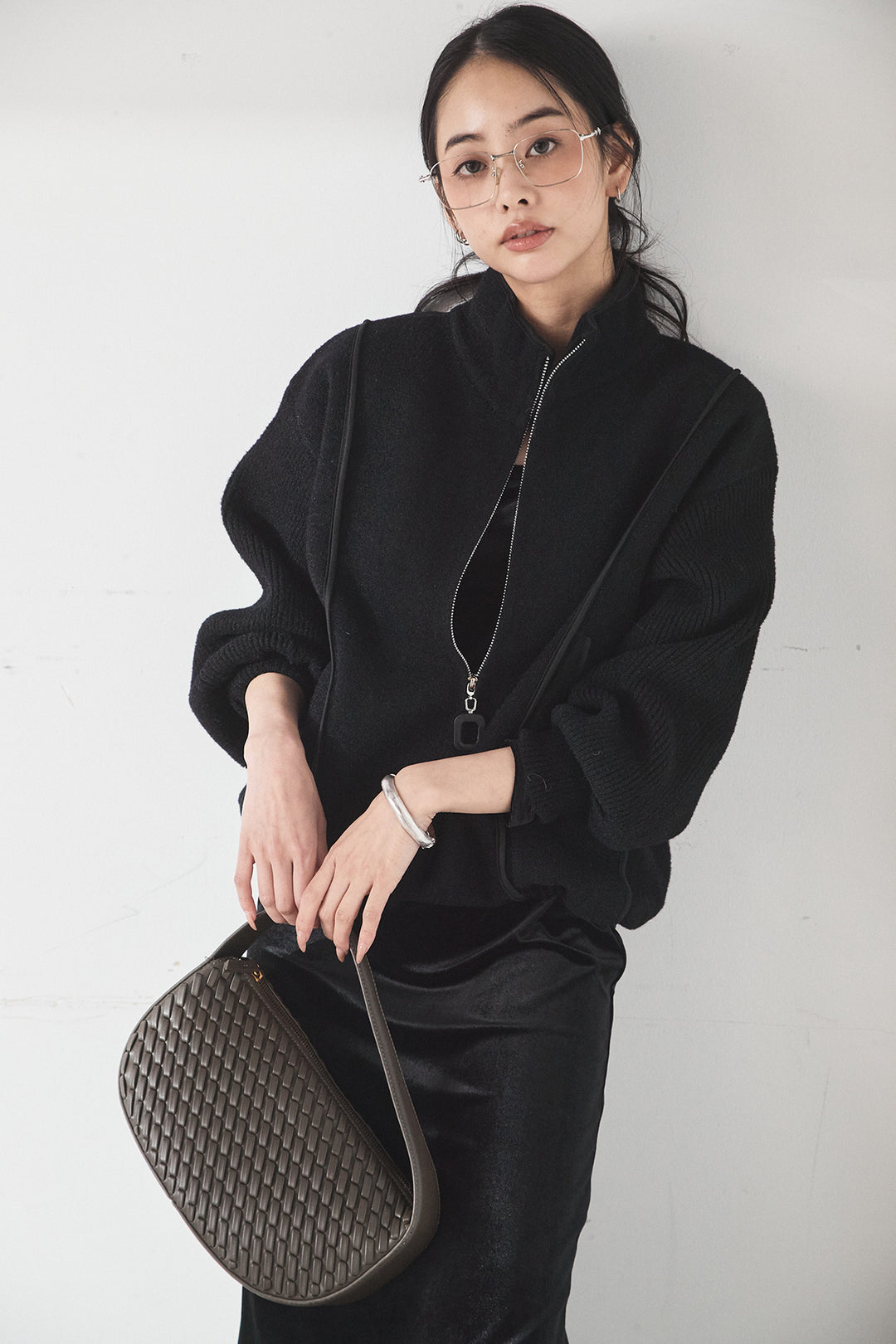 [SET]ハイネックパイピングデザインブルゾン+ベロアバレエネックワンピース(2set)