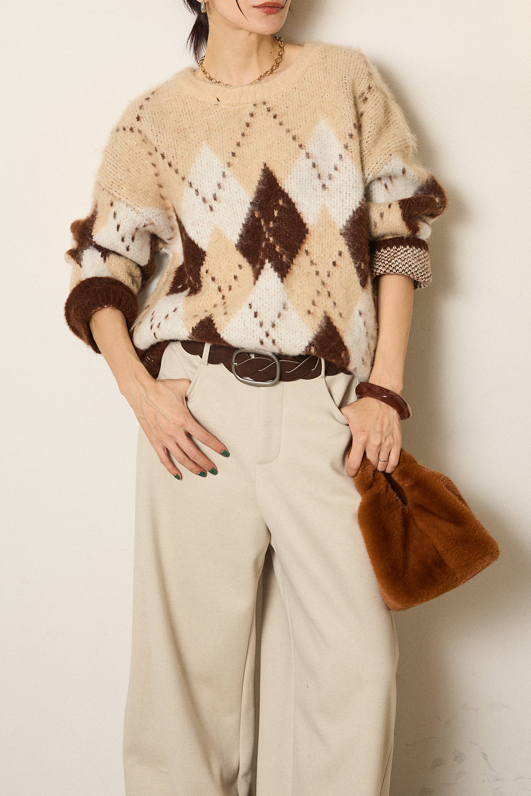 [SET]配色アーガイル柄ニットトップス+編みベルト付きワイドパンツ(2set)