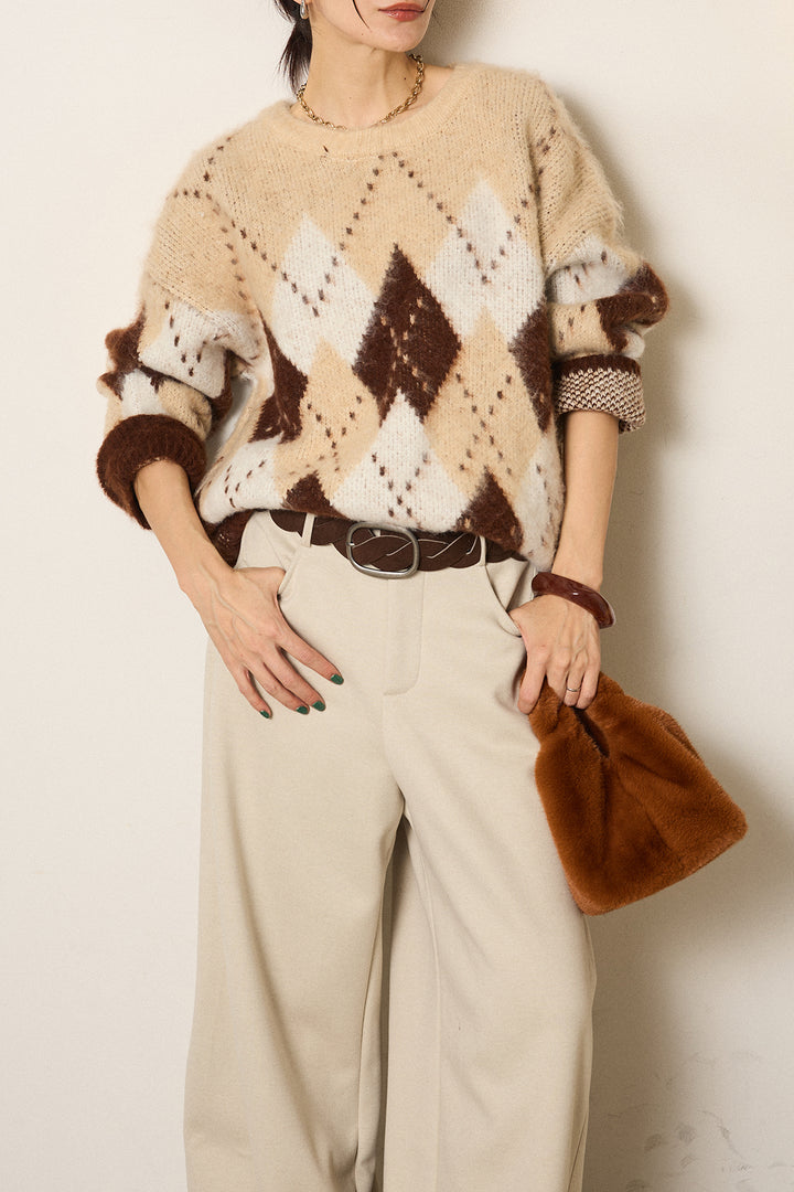 [SET]配色アーガイル柄ニットトップス+編みベルト付きワイドパンツ(2set)