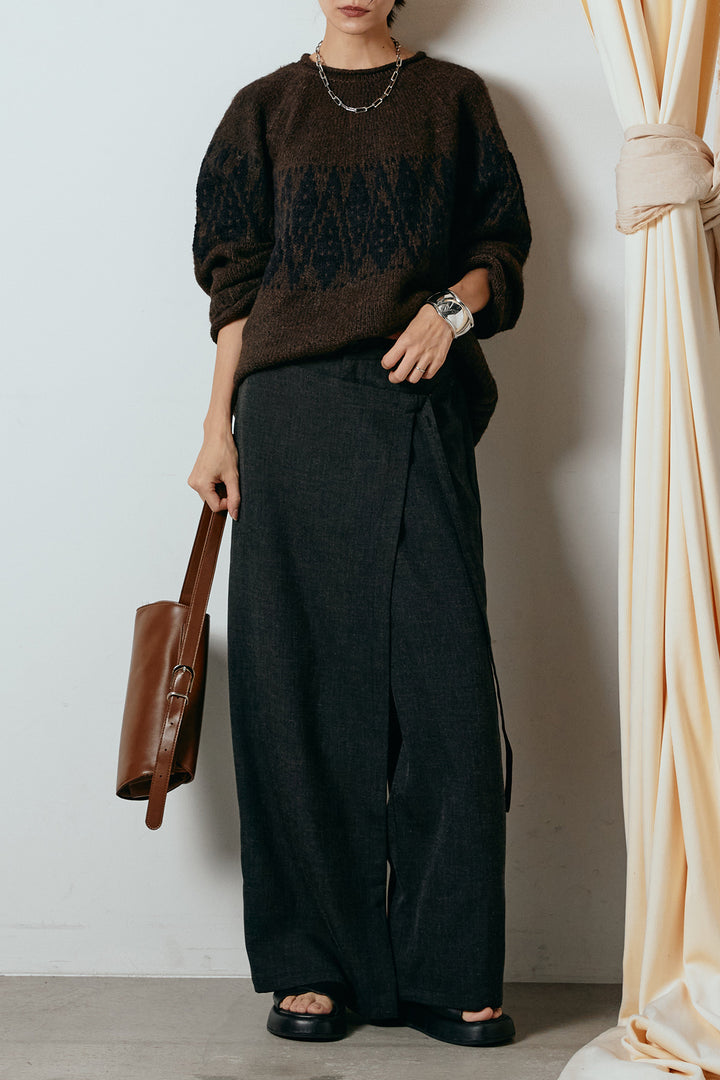 [SET]モノトーン柄ニットトップス+ラップ巻きワイドスラックス(2set)