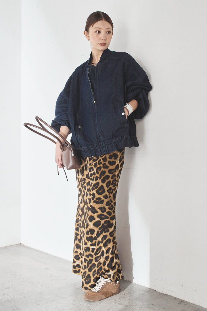 [SET]袖シャーリング裾フリルデニムブルゾン+レオパードサテンナロースカート(2set)