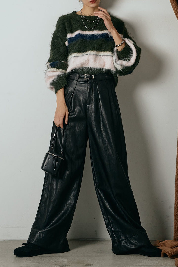 [SET]起毛配色マルチボーダーニットトップス+ベルト付きレザーライクタックパンツ(2set)