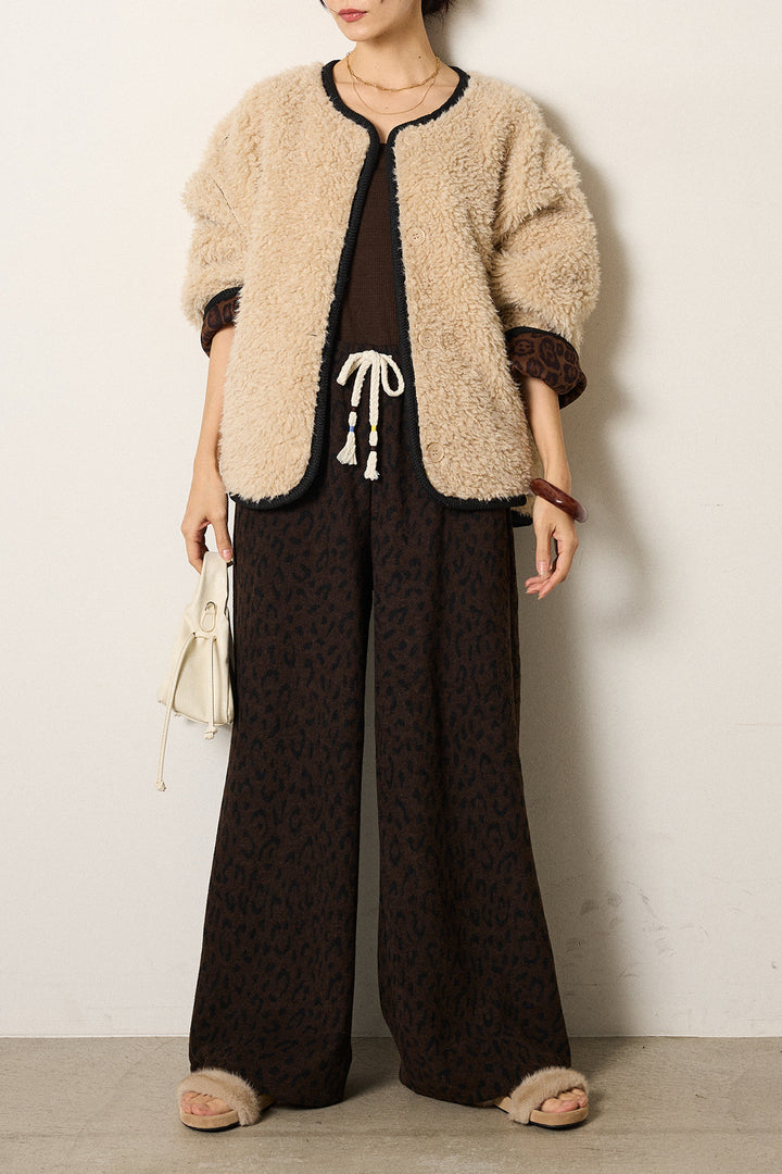 [SET]ノーカラー裏地レオパードボアアウター+レオパードジャガードニットパンツ(2set)